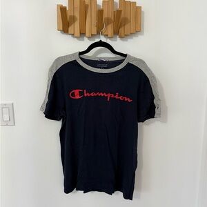 Champion Men's Navy and Gray Tee with Red Logo, Size Medium
